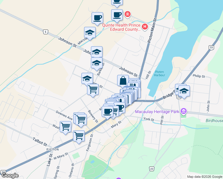 map of restaurants, bars, coffee shops, grocery stores, and more near 8 Centre Street in Prince Edward