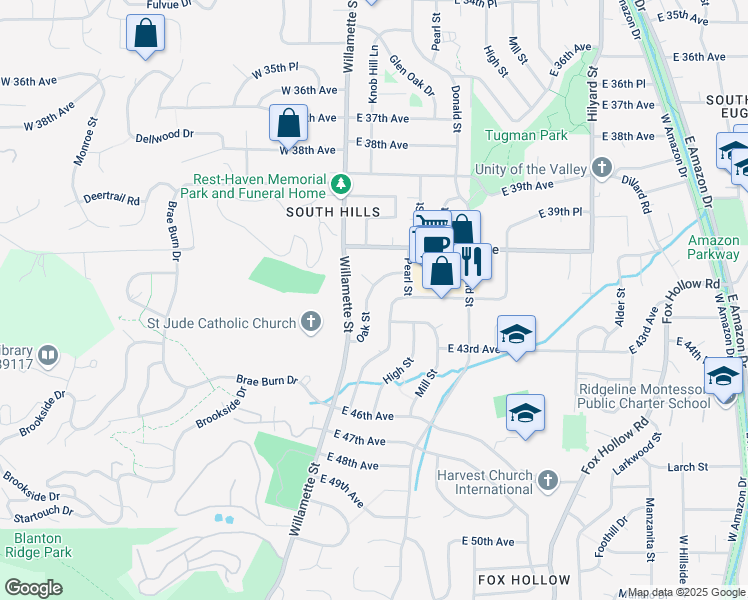 map of restaurants, bars, coffee shops, grocery stores, and more near 4105 Oak Street in Eugene