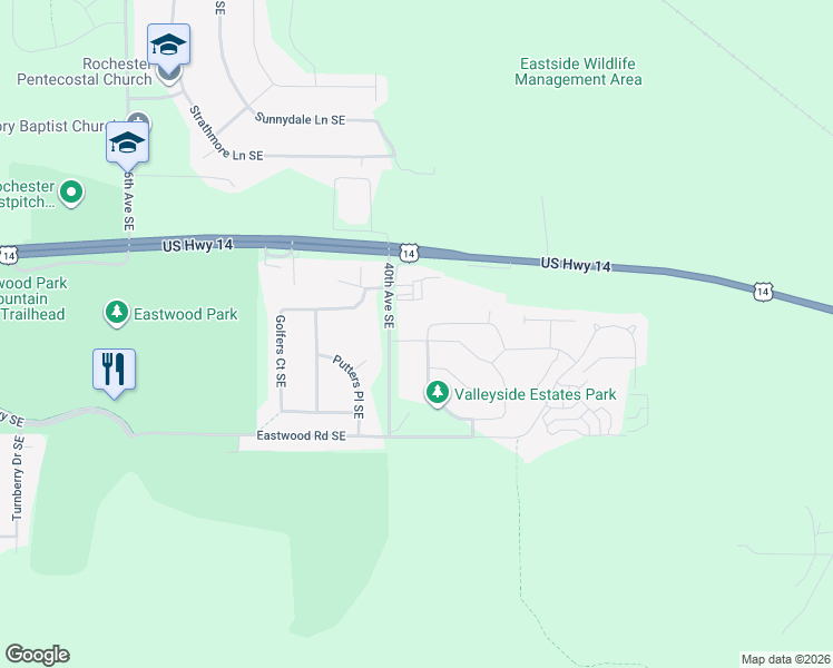 map of restaurants, bars, coffee shops, grocery stores, and more near 4021 Mallard Place Southeast in Rochester