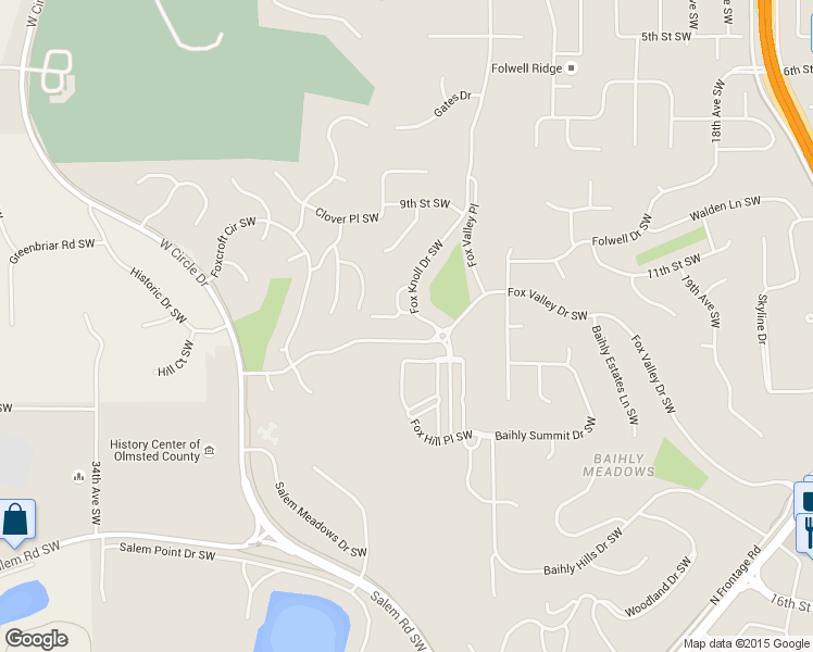 map of restaurants, bars, coffee shops, grocery stores, and more near 1005 Foxwoods Ct SW in Rochester