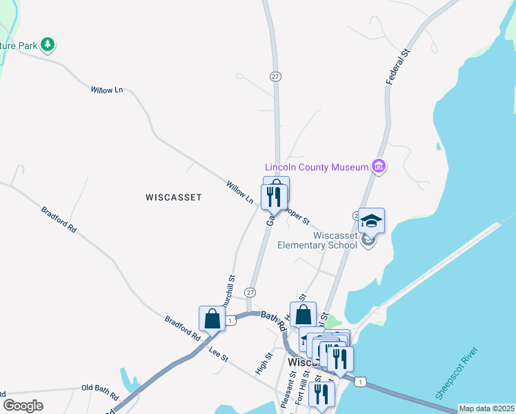 map of restaurants, bars, coffee shops, grocery stores, and more near 104 Churchill Street in Wiscasset