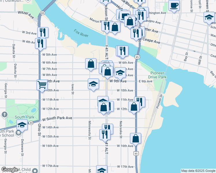 map of restaurants, bars, coffee shops, grocery stores, and more near 922 Oregon Street in Oshkosh