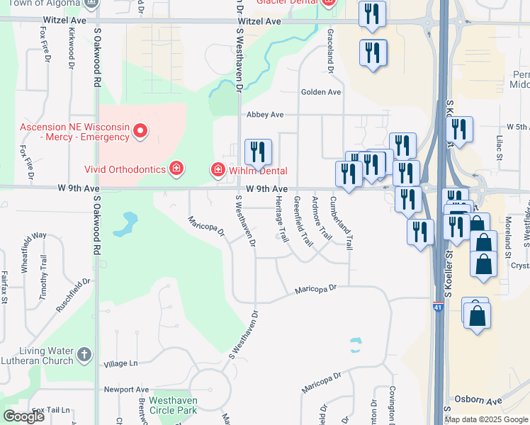 map of restaurants, bars, coffee shops, grocery stores, and more near 2455 Arcadia Avenue in Oshkosh