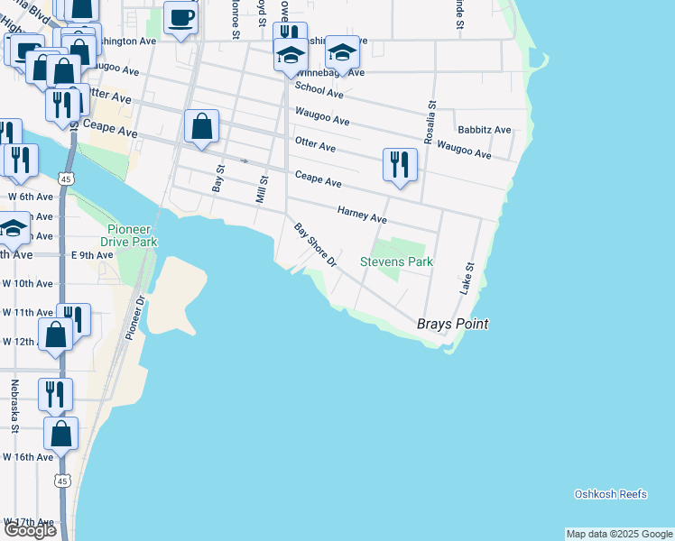 map of restaurants, bars, coffee shops, grocery stores, and more near 1031 Bay Shore Drive in Oshkosh