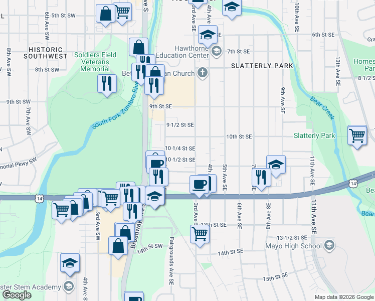 map of restaurants, bars, coffee shops, grocery stores, and more near 216 10 1/4 Street Southeast in Rochester