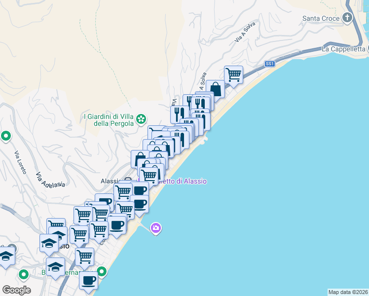 map of restaurants, bars, coffee shops, grocery stores, and more near 6-31 Via Antonio Gramsci in Alassio