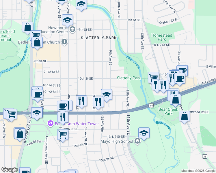 map of restaurants, bars, coffee shops, grocery stores, and more near 1020 9th Avenue Southeast in Rochester