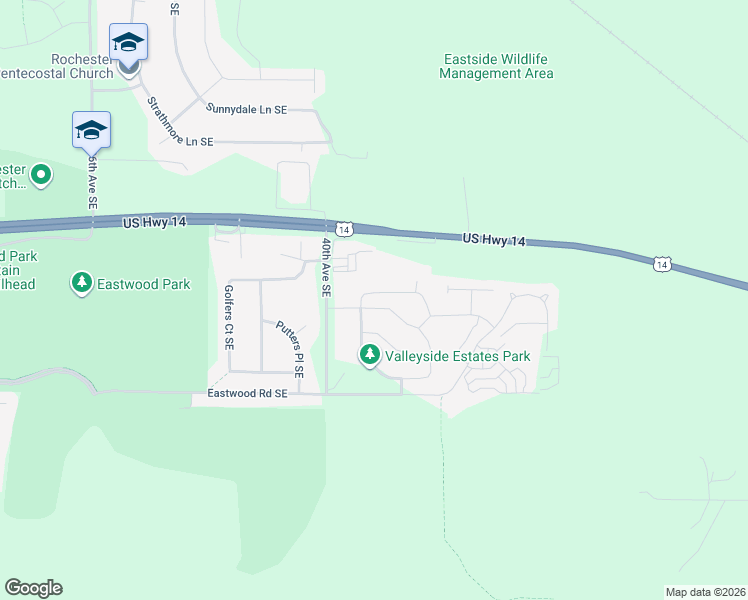 map of restaurants, bars, coffee shops, grocery stores, and more near 4108 Mallard Place Southeast in Rochester