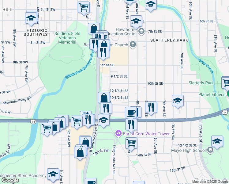 map of restaurants, bars, coffee shops, grocery stores, and more near 216 10 1/4 Street Southeast in Rochester