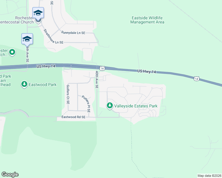 map of restaurants, bars, coffee shops, grocery stores, and more near 4108 Mallard Place Southeast in Rochester