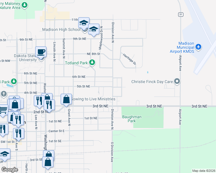 map of restaurants, bars, coffee shops, grocery stores, and more near 930 5th Street Northeast in Madison