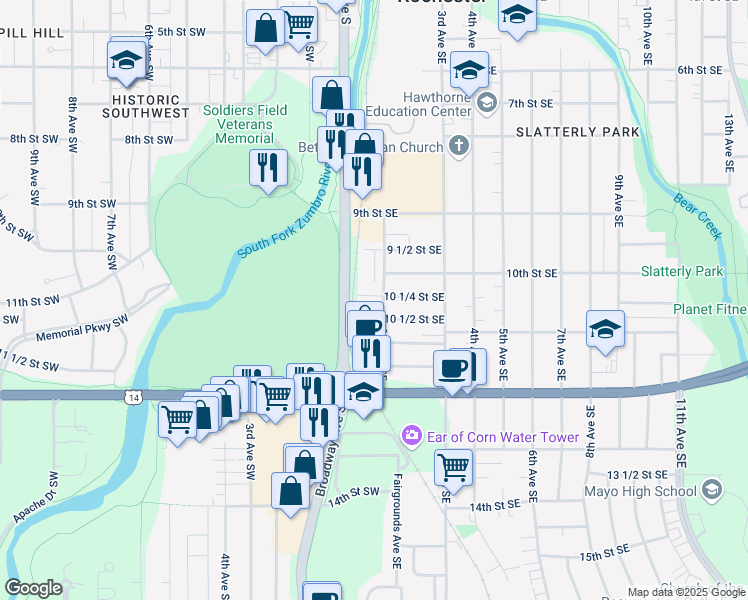 map of restaurants, bars, coffee shops, grocery stores, and more near 1025 1st Avenue Southeast in Rochester