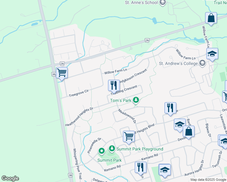 map of restaurants, bars, coffee shops, grocery stores, and more near 58 Tribbling Crescent in Aurora