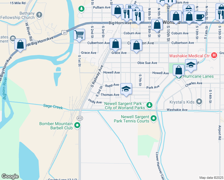 map of restaurants, bars, coffee shops, grocery stores, and more near 709 South 4th Street in Worland