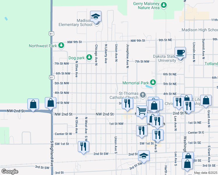map of restaurants, bars, coffee shops, grocery stores, and more near 517 5th Street Northwest in Madison