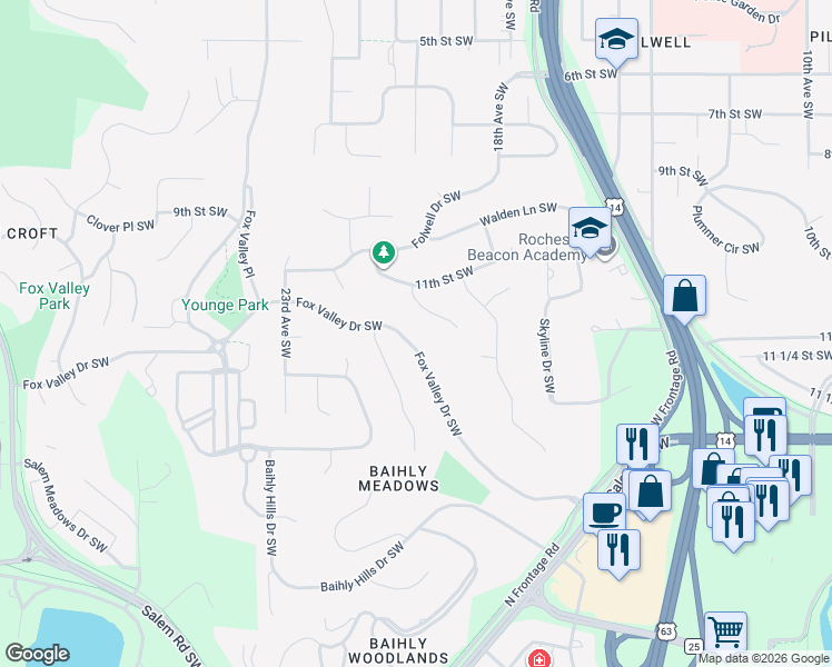 map of restaurants, bars, coffee shops, grocery stores, and more near 2047 Fox Valley Drive Southwest in Rochester