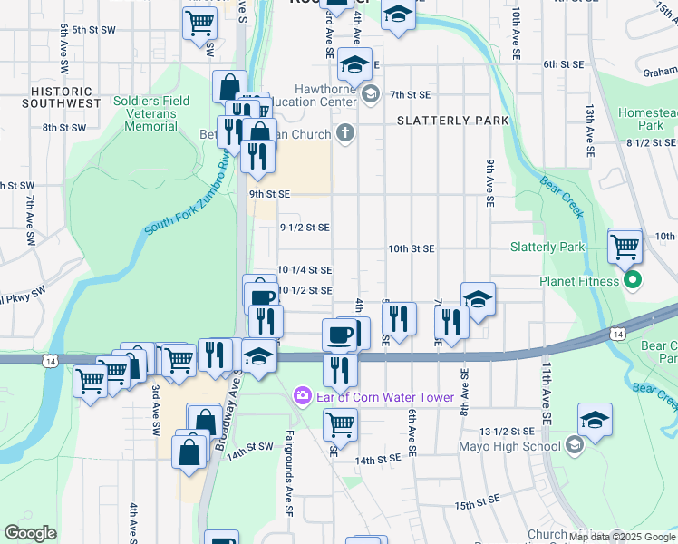 map of restaurants, bars, coffee shops, grocery stores, and more near 1024 3rd Avenue Southeast in Rochester