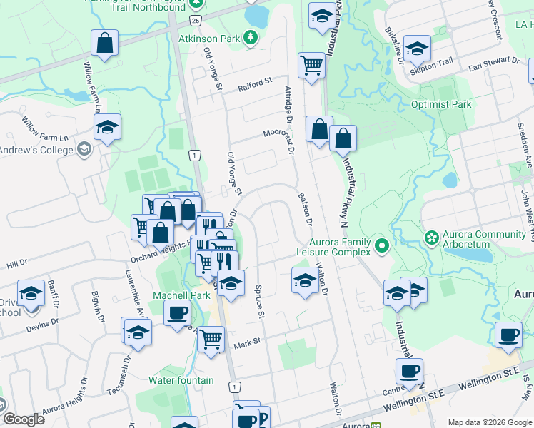 map of restaurants, bars, coffee shops, grocery stores, and more near 22 Avondale Crescent in Aurora