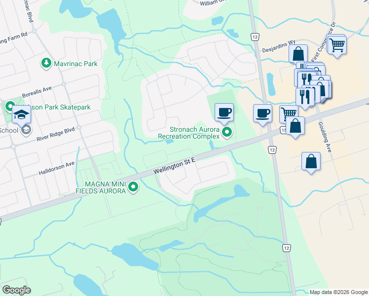 map of restaurants, bars, coffee shops, grocery stores, and more near 46 Elyse Court in Aurora