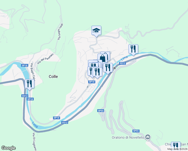 map of restaurants, bars, coffee shops, grocery stores, and more near 3 Viale Marion Crawford in Bagni di Lucca