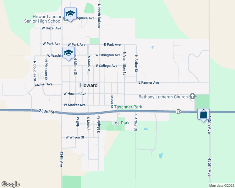 map of restaurants, bars, coffee shops, grocery stores, and more near 346 East Howard Avenue in Howard