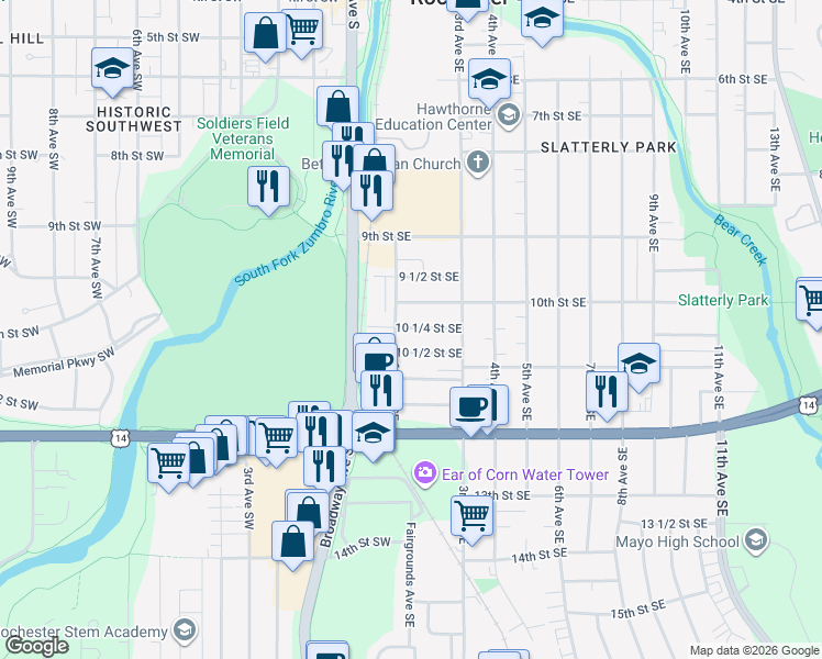 map of restaurants, bars, coffee shops, grocery stores, and more near 216 10 1/4 Street Southeast in Rochester