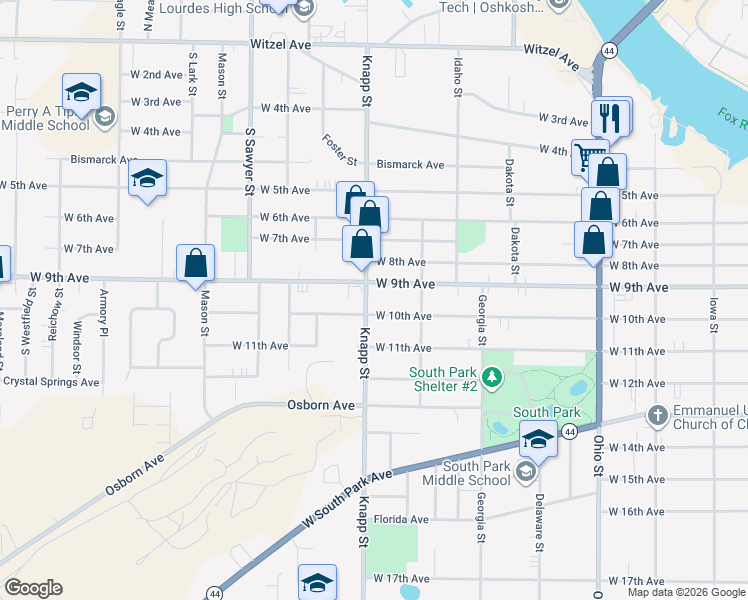 map of restaurants, bars, coffee shops, grocery stores, and more near 933 West 9th Avenue in Oshkosh
