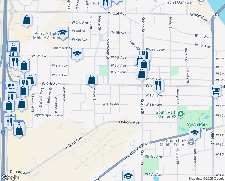 map of restaurants, bars, coffee shops, grocery stores, and more near 919 South Sawyer Street in Oshkosh