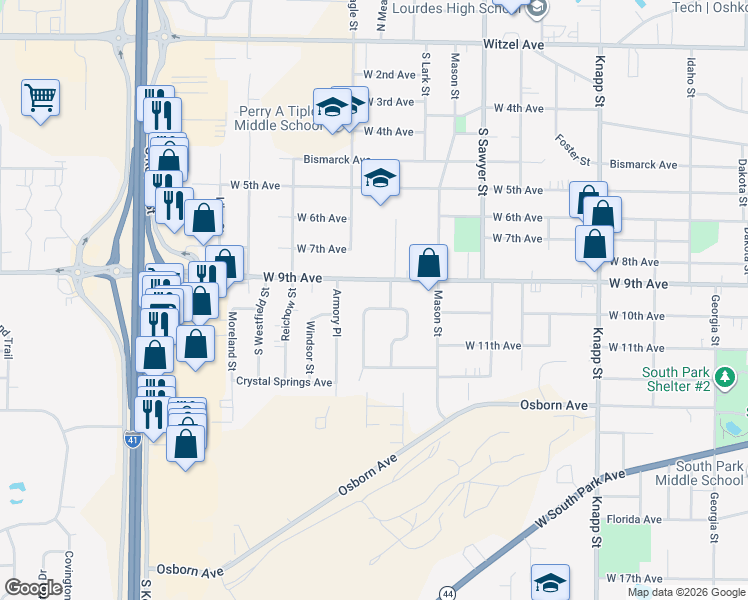 map of restaurants, bars, coffee shops, grocery stores, and more near 1430 Cambridge Avenue in Oshkosh