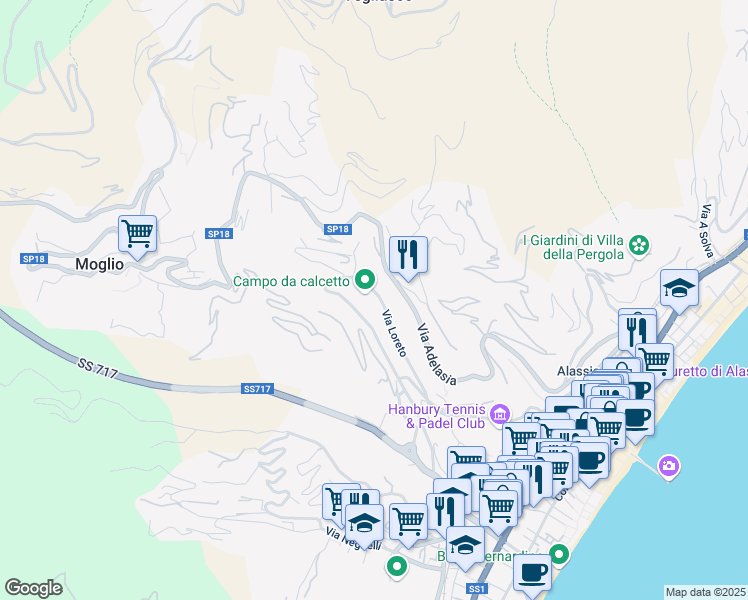 map of restaurants, bars, coffee shops, grocery stores, and more near 107 Via Loreto in Alassio