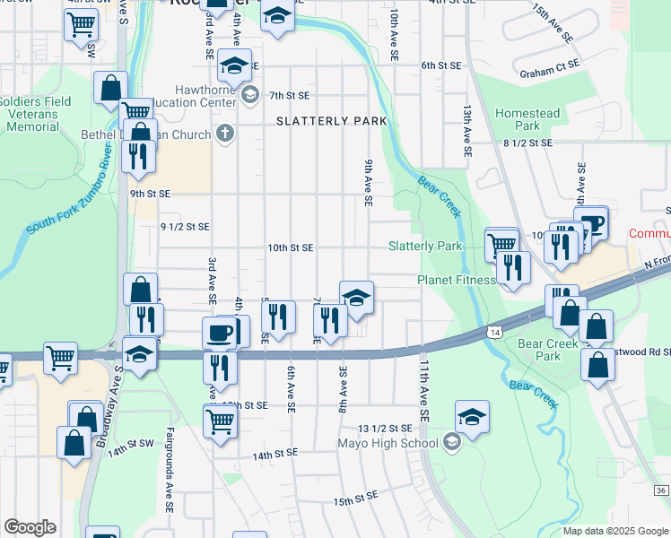 map of restaurants, bars, coffee shops, grocery stores, and more near 1019 8th Avenue Southeast in Rochester
