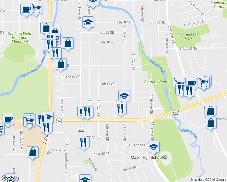 map of restaurants, bars, coffee shops, grocery stores, and more near 1021 7th Ave SE in Rochester