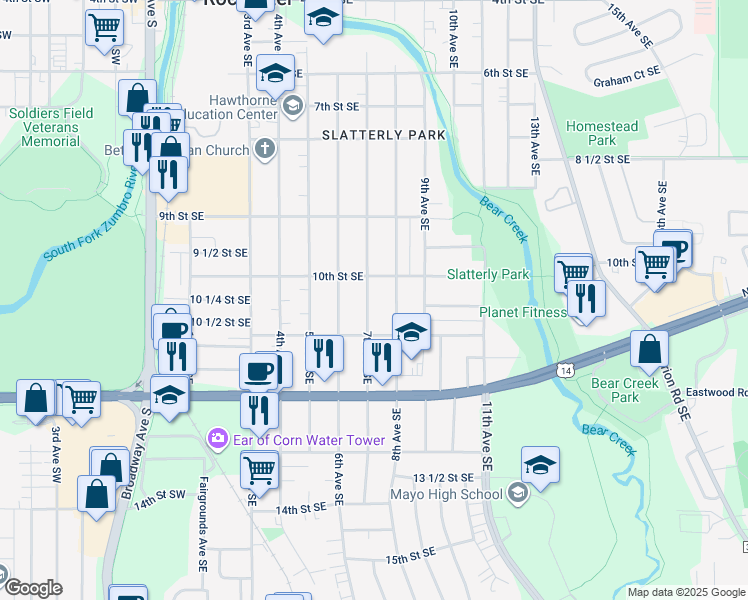 map of restaurants, bars, coffee shops, grocery stores, and more near 1022 7th Avenue Southeast in Rochester