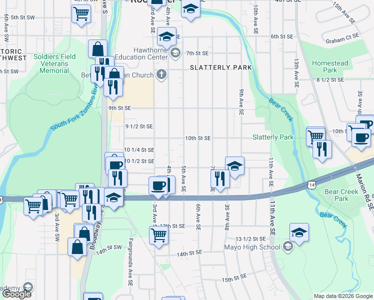 map of restaurants, bars, coffee shops, grocery stores, and more near 1021 6th Avenue Southeast in Rochester