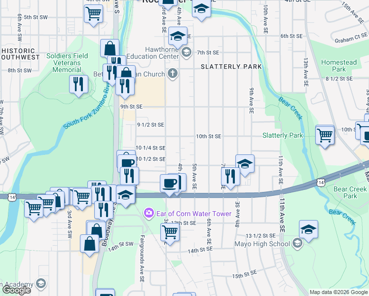 map of restaurants, bars, coffee shops, grocery stores, and more near 1022 4th Avenue Southeast in Rochester