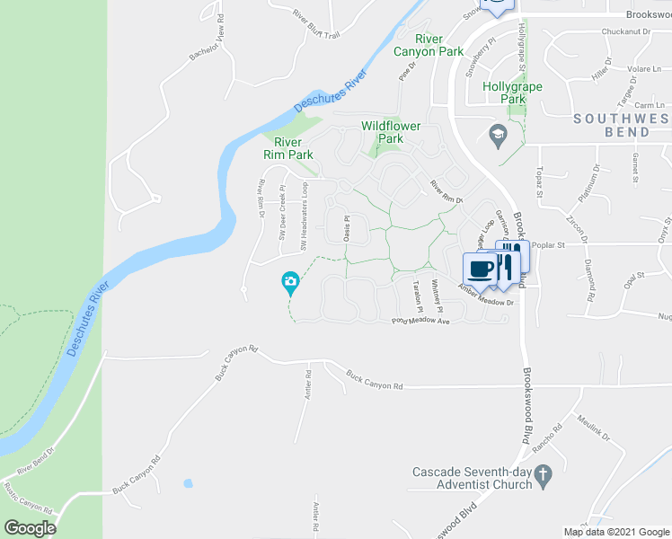 map of restaurants, bars, coffee shops, grocery stores, and more near 60891 Goldenwood Loop in Bend