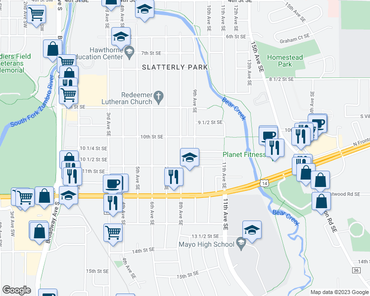 map of restaurants, bars, coffee shops, grocery stores, and more near 1019 8th Avenue Southeast in Rochester