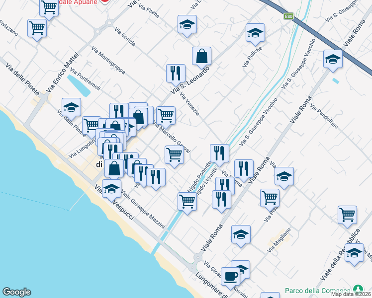 map of restaurants, bars, coffee shops, grocery stores, and more near 62 Via Marcello Garosi in Marina di Massa