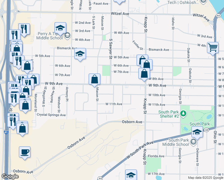 map of restaurants, bars, coffee shops, grocery stores, and more near 919 South Sawyer Street in Oshkosh
