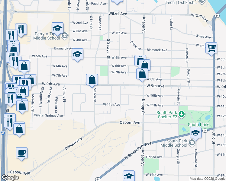 map of restaurants, bars, coffee shops, grocery stores, and more near 919 South Sawyer Street in Oshkosh