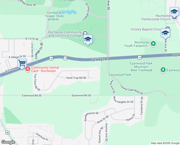 map of restaurants, bars, coffee shops, grocery stores, and more near 2802 Tee Time Road Southeast in Rochester