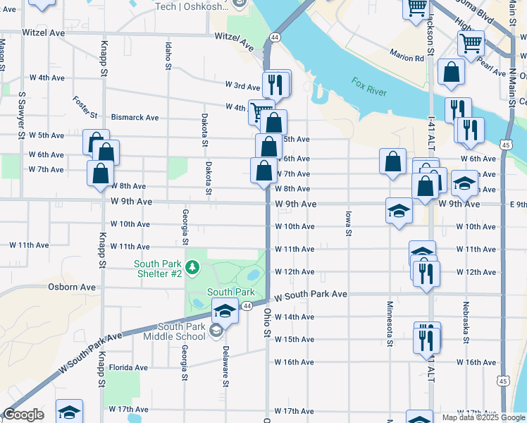 map of restaurants, bars, coffee shops, grocery stores, and more near 909 Ohio Street in Oshkosh