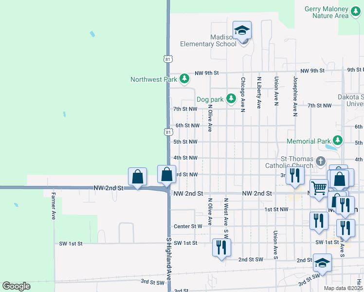 map of restaurants, bars, coffee shops, grocery stores, and more near 524 Kansas Avenue North in Madison