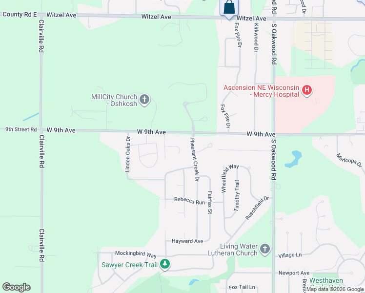 map of restaurants, bars, coffee shops, grocery stores, and more near 3140 Bailey Court in Oshkosh