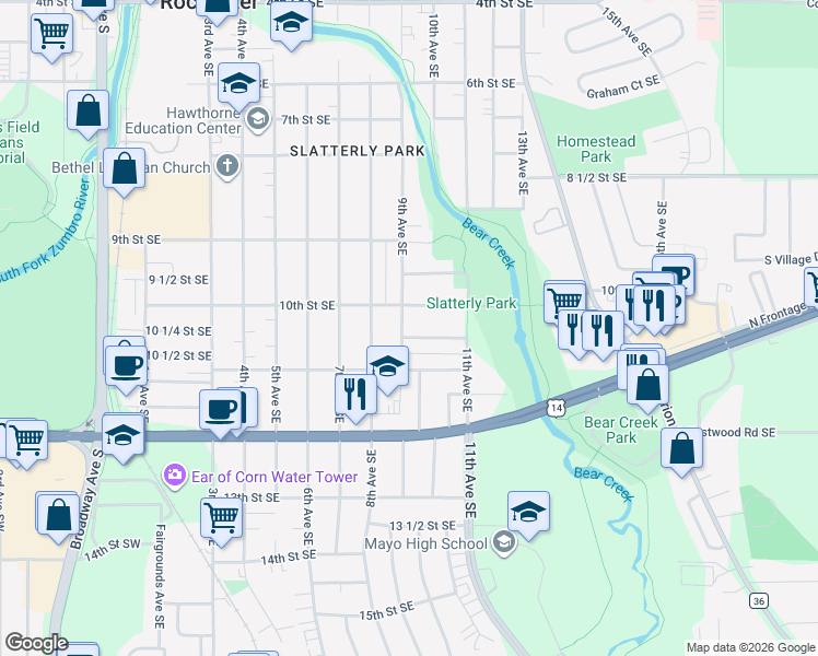 map of restaurants, bars, coffee shops, grocery stores, and more near 1020 9th Avenue Southeast in Rochester