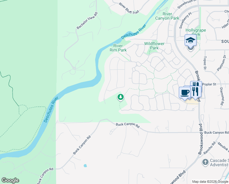 map of restaurants, bars, coffee shops, grocery stores, and more near 60836 Southwest Headwaters Loop in Bend