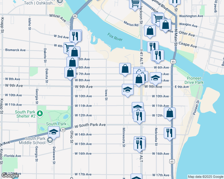map of restaurants, bars, coffee shops, grocery stores, and more near 337 West 9th Avenue in Oshkosh