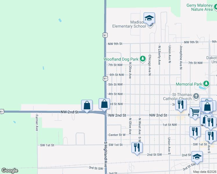 map of restaurants, bars, coffee shops, grocery stores, and more near 501-599 North Highland Avenue in Madison