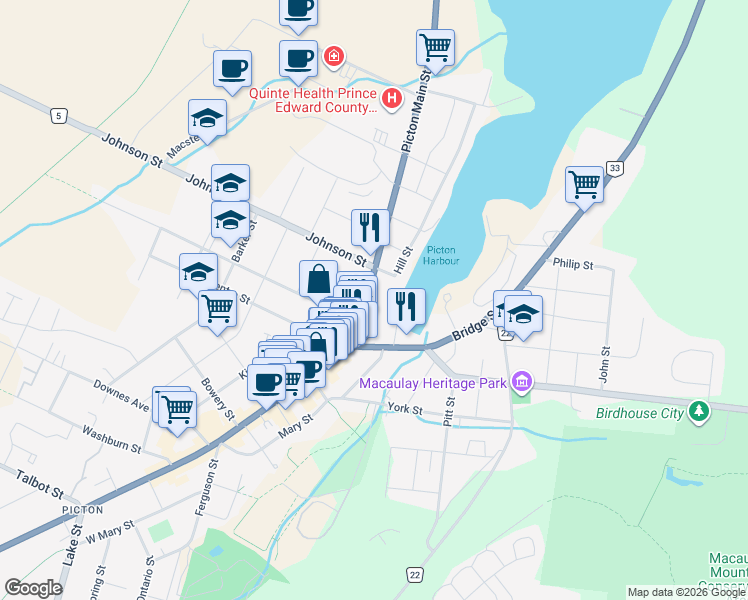 map of restaurants, bars, coffee shops, grocery stores, and more near 340 Picton Main Street in Prince Edward County