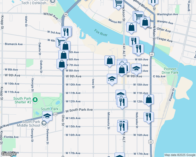 map of restaurants, bars, coffee shops, grocery stores, and more near 337 West 9th Avenue in Oshkosh